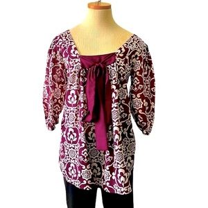 Anthropologie Velvet Silk Printed Front Tie Blouse, Burgundy, Small